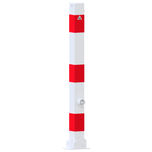 Barrier posts | Steel tube 70 x 70 mm | foldable, with triangular locking mechanism | to be fixed by plugswith base plate 100 x 150 mm | hot-dip galvanized and white coatedwith three red reflecting stripes | without eyelet